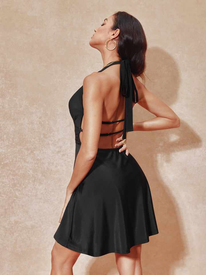 Jersey sin espalda Cuello, Neck Sleeveless, una línea mini mujer vestido