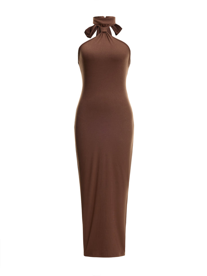 Knotted Halter Neck Back Slit Straight Midi Women Dress