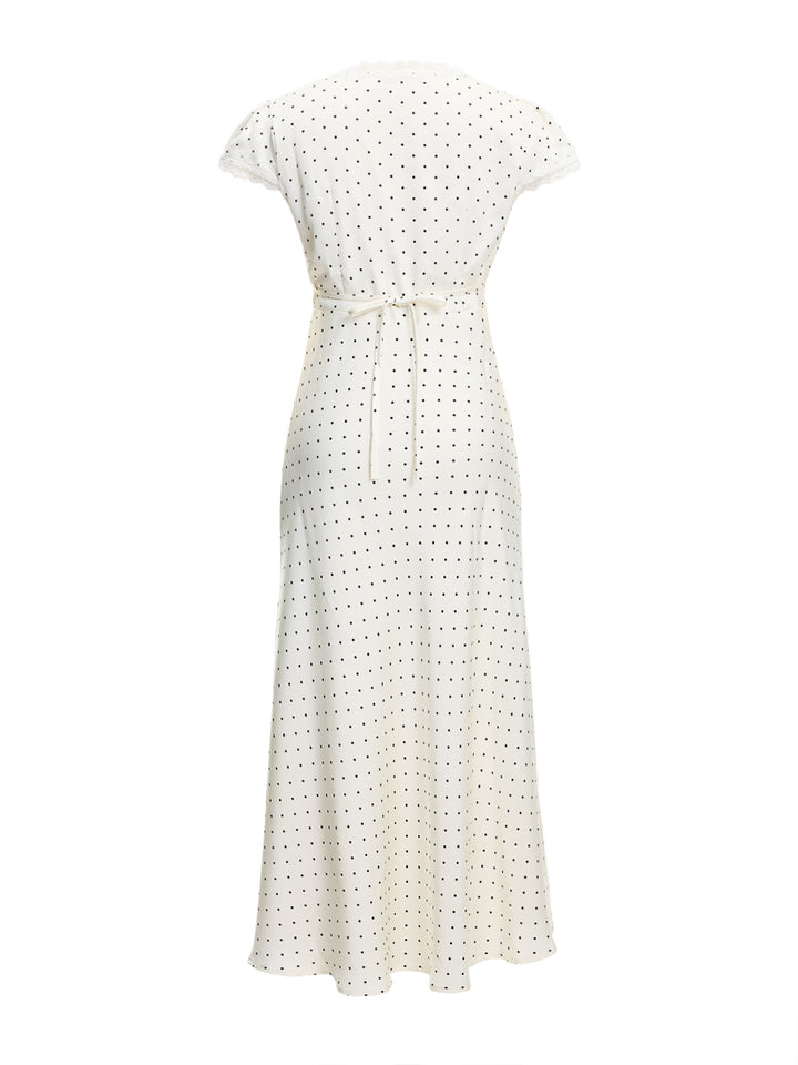 A Line Elegant Lace Trim Tied V neck Cap Sleeve Long Women Dress