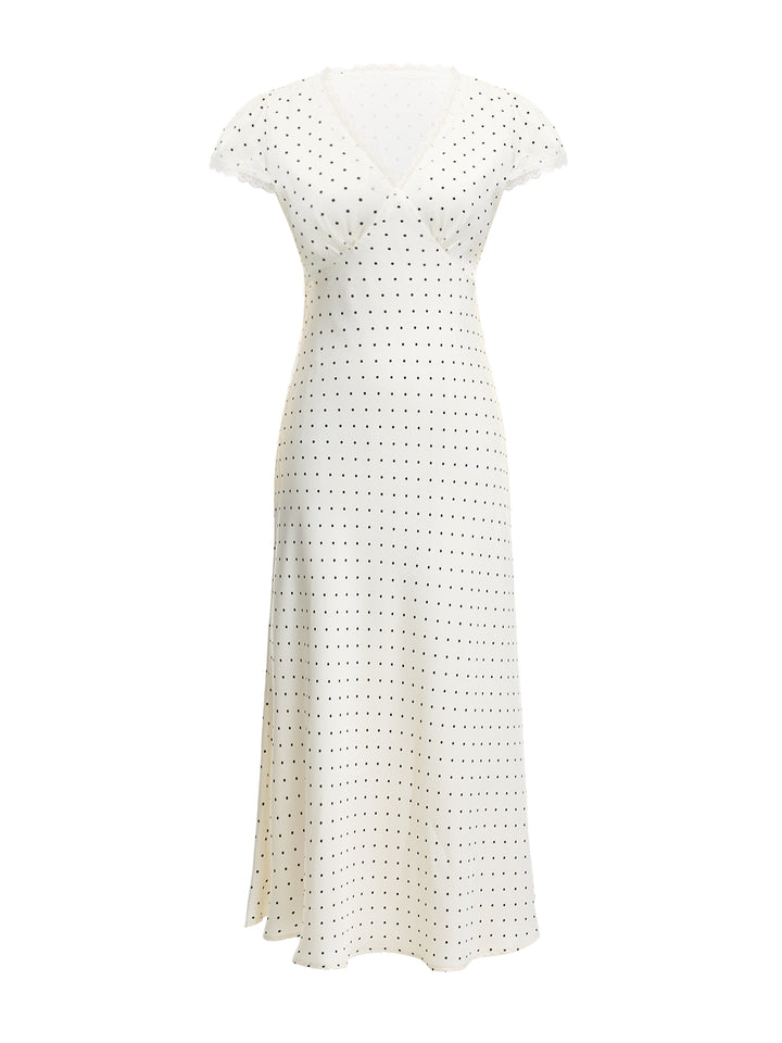 A Line Elegant Lace Trim Tied V neck Cap Sleeve Long Women Dress