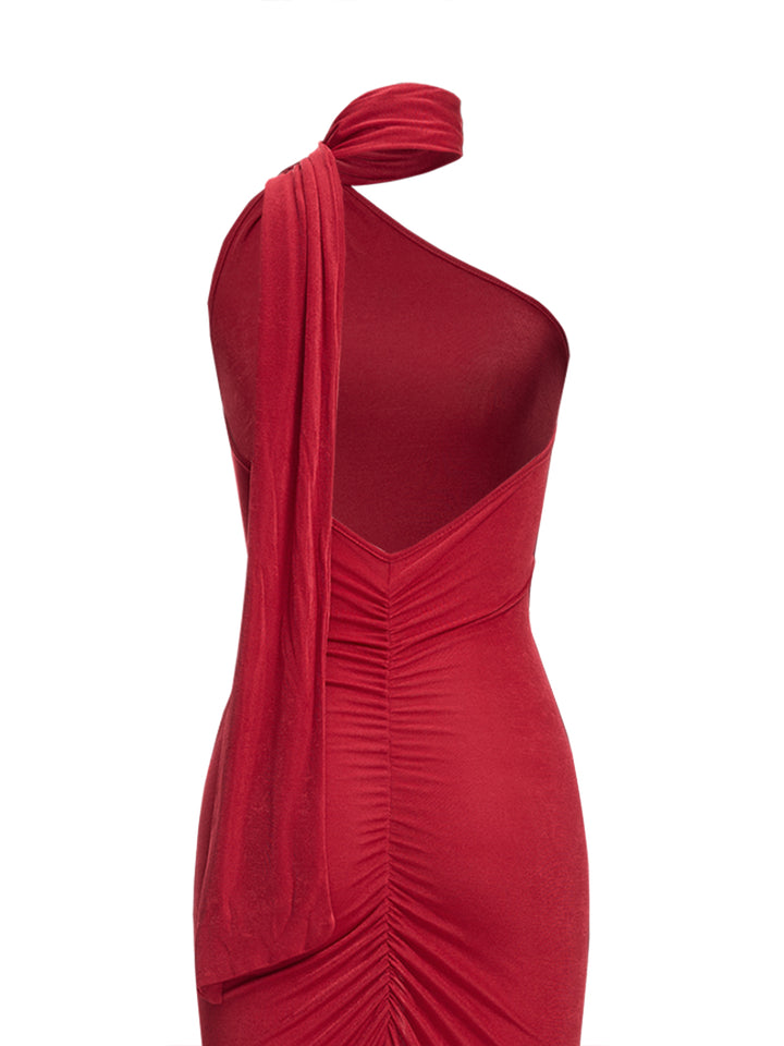 Straight Party Backless Ruched Tie Neck Midi Women Dress
