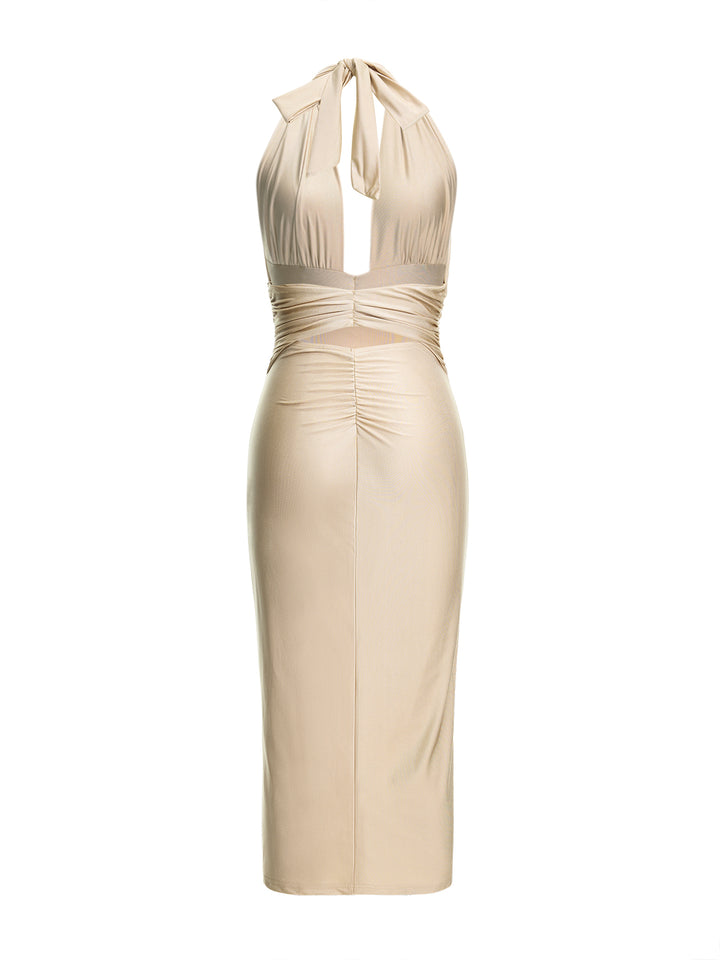 Straight Party Backless Ruched Tied Plunge Neck Midi Women Dress