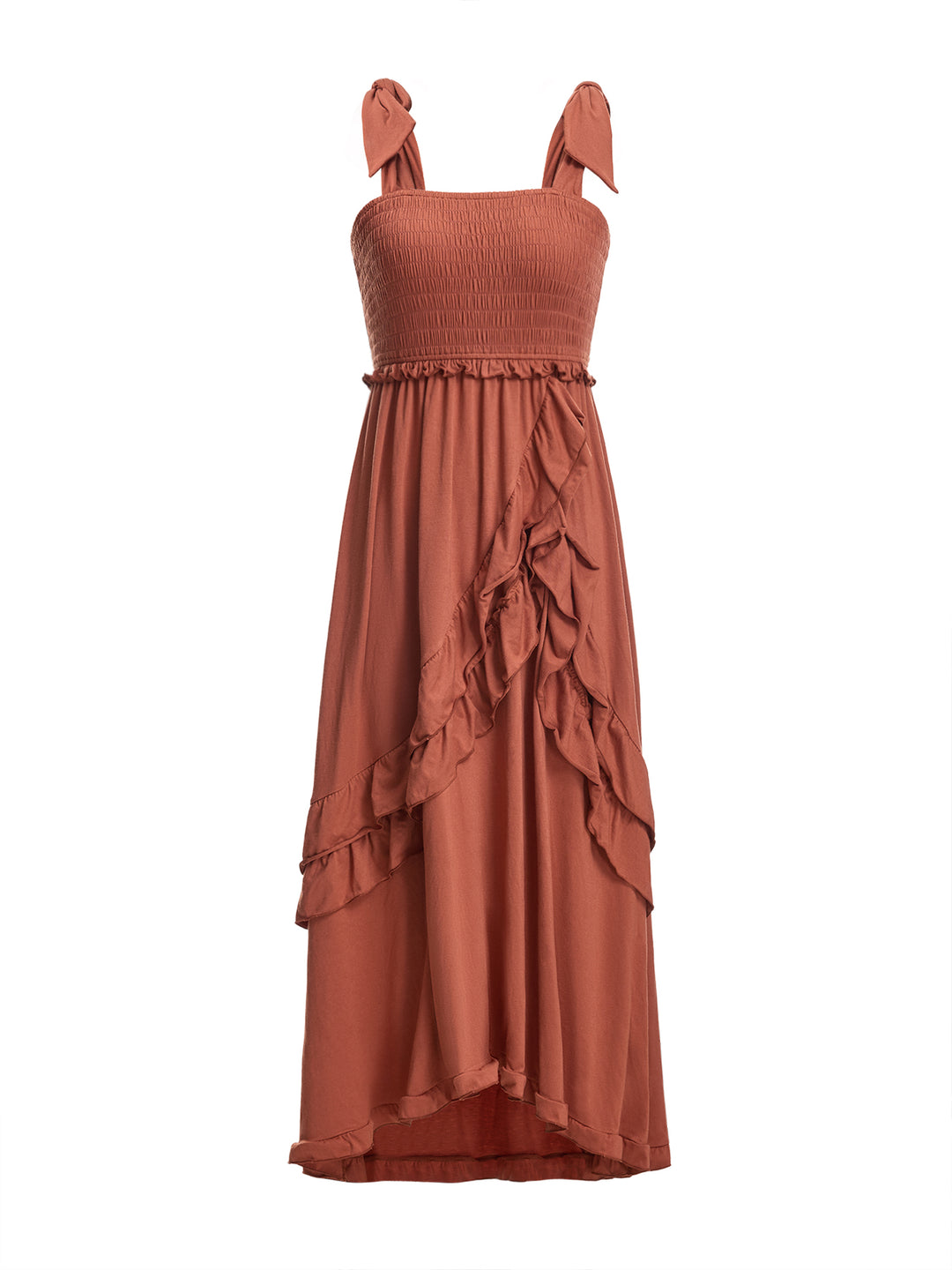 Una línea boho en capas de lechuga en capas shirred shirred cuello maxi vestido de mujeres