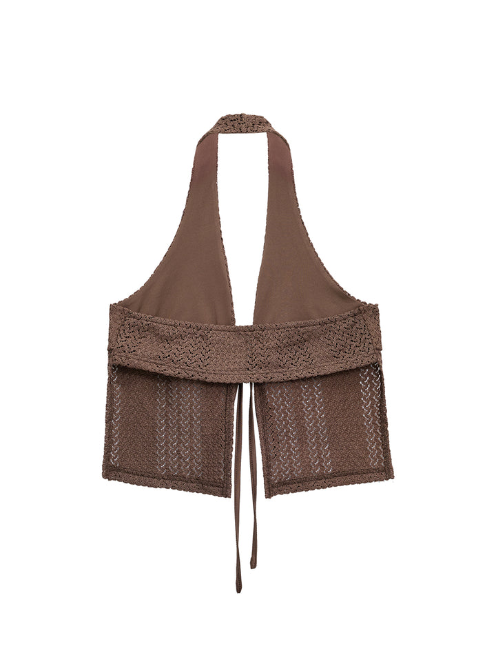 Crochet Textured Fabric Tied Front Slit Women Halter  Tops