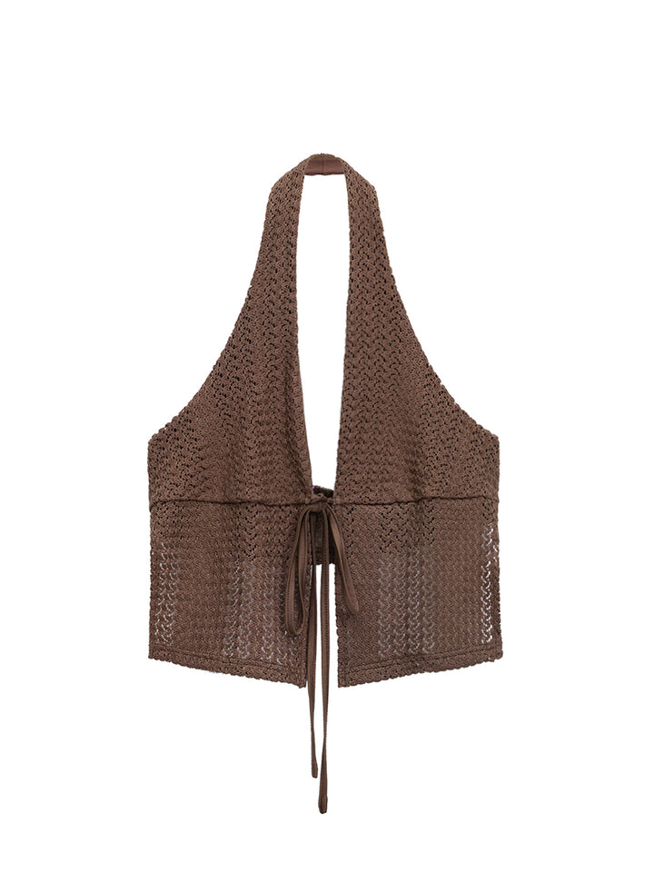 Crochet Textured Fabric Tied Front Slit Women Halter  Tops