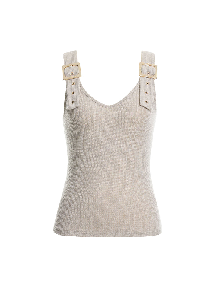 Knitwear Casual Plain Buckle Space Dye Scoop Neck Sleeveless Tank Tops